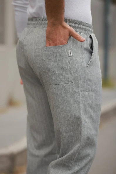 Erkek Beli Bağcıklı çizgili Pantolon - 3