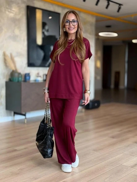 Kadın Kısa Kollu Bisiklet Yaka Viskon Iki Iplik Bluz Ve Pantolon Ikili Takım - Resim 2