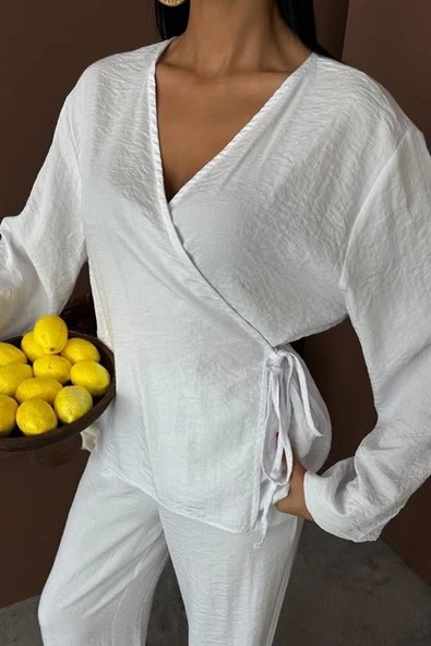 Kruvaze Model Klasik Pantolonlu Çupra Keten Takım 10191 - Resim 8