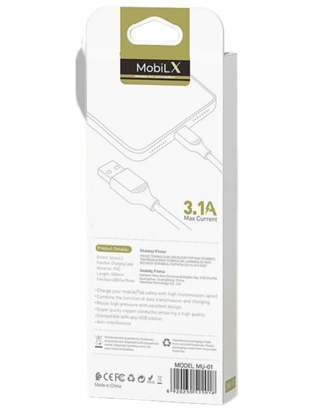 MobiLX USB to Type-C Şarj ve Data Kablosu – 3.1A, Hızlı Şarj, Siyah - 3