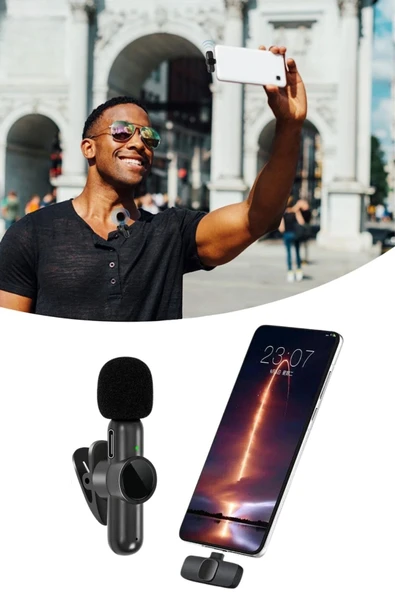 BUFFER® Type C Uyumlu İphone Dönüştürücülü Kablosuz Yaka Mikrofonu Android ve İphone Uyumlu Mini Mikrofon - 14