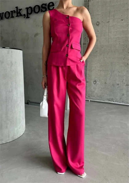 TEK KOL YELEK - PANTOLON TAKIM ATLAS - Fuşya - Resim 3