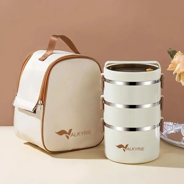 Valkyrie 3 Gözlü Paslanmaz Çelik Isı Yalıtımlı Yemek Kabı Seti Çantalı Geniş Kaplar