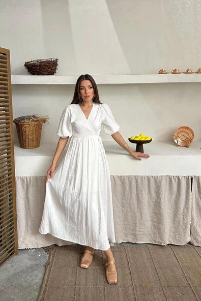 Ekru Müslin Uzun Elbise ürün görseli