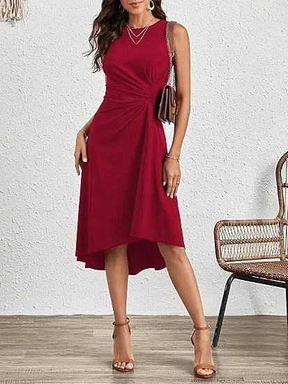 Kadın Sıfır Kollu Bisiklet Yaka Büzgülü Asimetrik Kesim Detaylı Janjan Krep Elbise - Resim 3