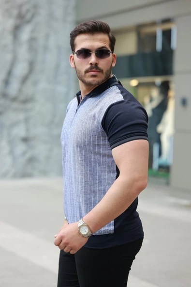 Erkek Fermuar Yakalı çizgili Kısa Kollu Tişört - Resim 2