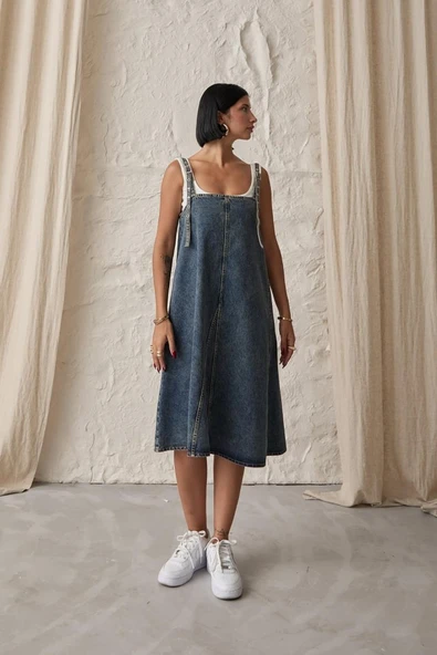 Mavi Askı Aparatlı Kot Elbise - Resim 2