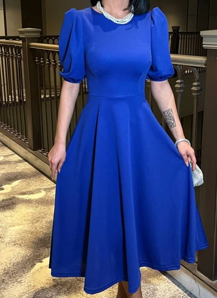 Kadın Bisiklet Yaka Kısa Kol Lastik Detay Uzun Elbise ürün görseli