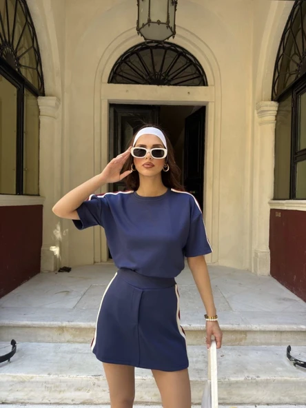 Osy Modal Yumuşak Dokulu Kumaş Parçalı Bisiklet Yaka T-shirt Mini Şortlu Etek İkili Takım -Lacivert ürün görseli