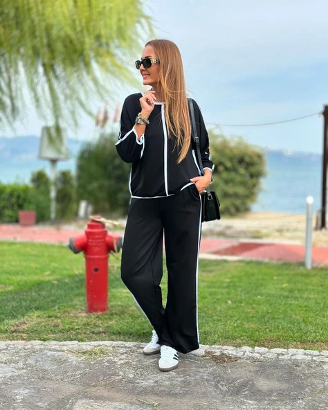 Kadın Bisiklet Yaka Truvakar Kol Biye Detay Bluz Ve Yüksek Bel Lastikli Pantolon Ikili Takım - 2