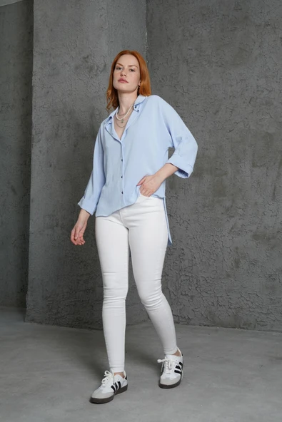 Kol Katlama Detaylı Bebe Mavi Gömlek - Resim 4