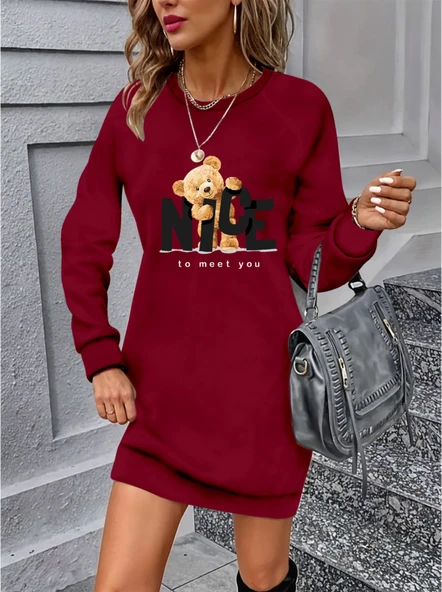 Kadın Uzun Kollu Bisiklet Yaka Ayı Desenli Viskon Iki Iplik Elbise ürün görseli