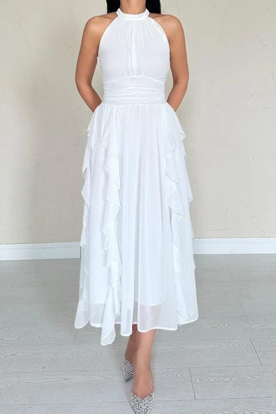 Beyaz Önü Büzgülü Fırfırlı Elbise - Resim 4