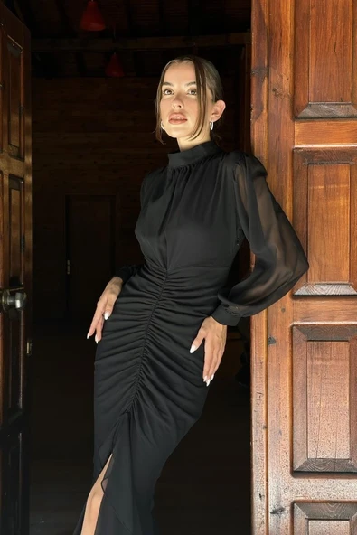 Siyah Önü Büzgülü Şifon Elbise - 2
