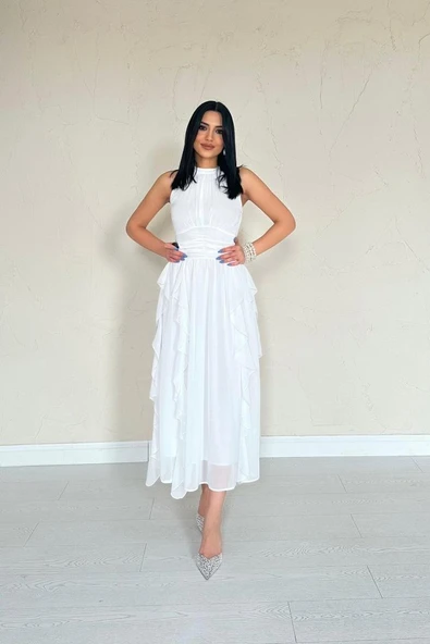 Beyaz Önü Büzgülü Fırfırlı Elbise - Resim 2