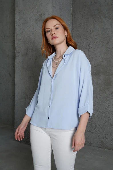 Kol Katlama Detaylı Bebe Mavi Gömlek - Resim 2