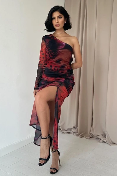 Kırmızı Tek Omuzlu Tül Elbise - Resim 2