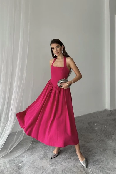 Fuşya Boyundan Bağlamalı Keten Elbise - Resim 2