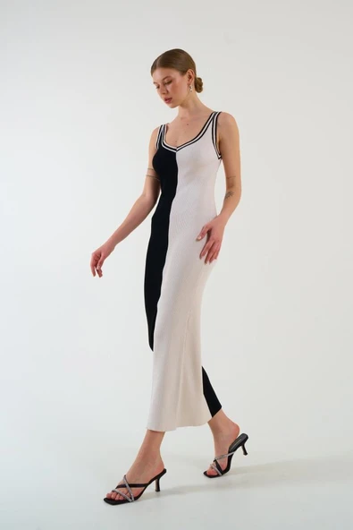 İki Renki Kolsuz Elbise - Siyah-Krem - Resim 2