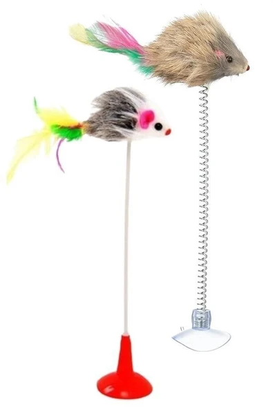 BUFFER® 2li Vantuzlu Fareli Tüylü Hareketli Çanlı ve Esneyen Eğlenceli Peluş Kedi Oyuncağı - 7