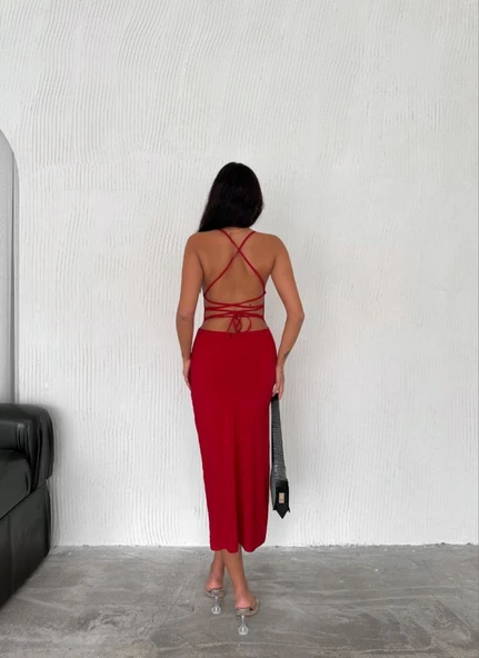 Sırt Bağlamalı Derin Yirtmaç Askılı Elbise - Kırmızı - Resim 3