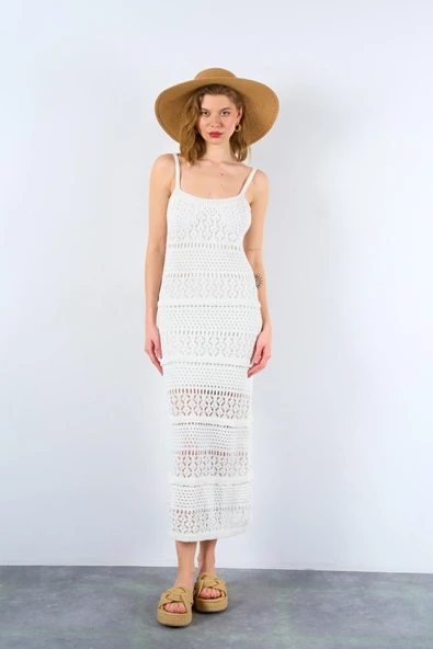 Ajurlu Astarlı Elbise - Ekru - Resim 2