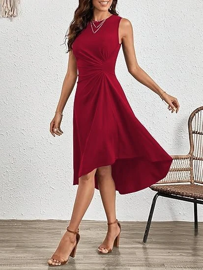 Kadın Sıfır Kollu Bisiklet Yaka Büzgülü Asimetrik Kesim Detaylı Janjan Krep Elbise - Resim 4