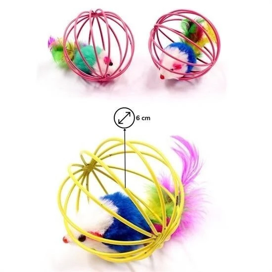 BUFFER® Renkli Metal Kafesli Peluş Fareli Kedi Köpek Oyuncağı Oyun Topu 6 cm - Resim 7