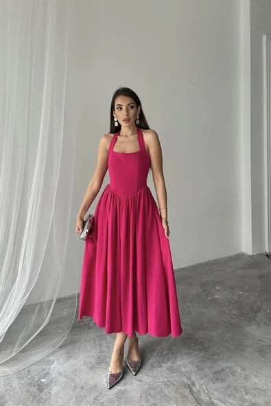 Fuşya Boyundan Bağlamalı Keten Elbise ürün görseli