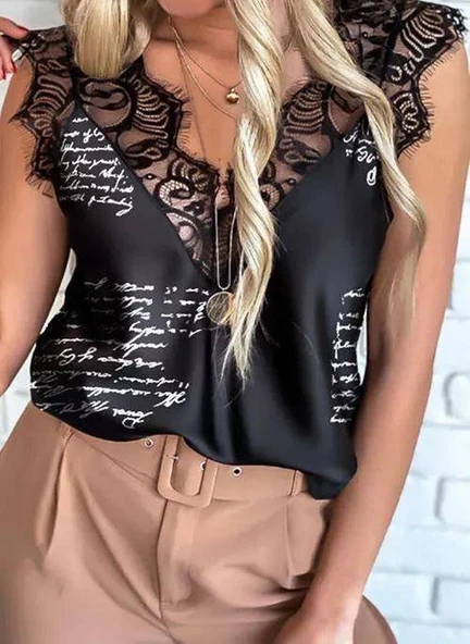 Kadın Mektup Desenli Dantel Detaylı Mikro Kumaş Bluz ürün görseli