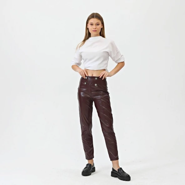 Düğmeli̇ Yan Fermuarli Deri̇ Pantolon - 2