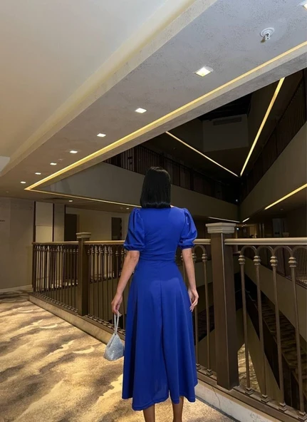 Kadın Bisiklet Yaka Kısa Kol Lastik Detay Uzun Elbise - Resim 4