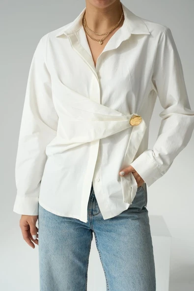 Bağlamalı Gömlek - Ekru - Resim 3