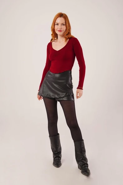 Geniş Yaka Bordo Basic Body Bluz - Resim 2