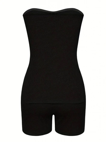 Kadın Iki Yanı Yırtmaçlı Straplez Bluzmini Tayt Kaşkorse Ikili Takım - Resim 4