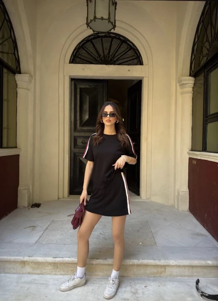 Osy Modal Yumuşak Dokulu Kumaş Parçalı Bisiklet Yaka T-shirt Mini Şortlu Etek İkili Takım - Siyah - Resim 2