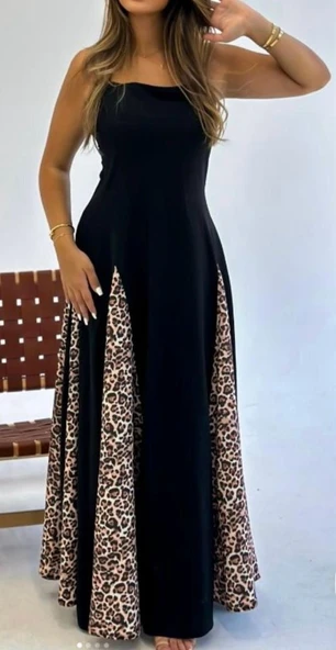 Kadın Dalgıç Kumaş Leopar Desenli Kloş Elbise - Resim 2