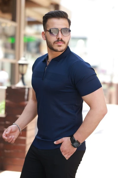 Erkek Göğüs Pirinç Desenli Fermuar Yakalı Kısa Kollu Tişört - Resim 2