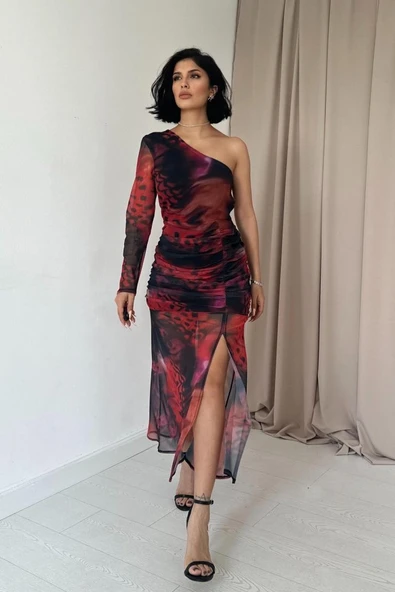 Kırmızı Tek Omuzlu Tül Elbise ürün görseli