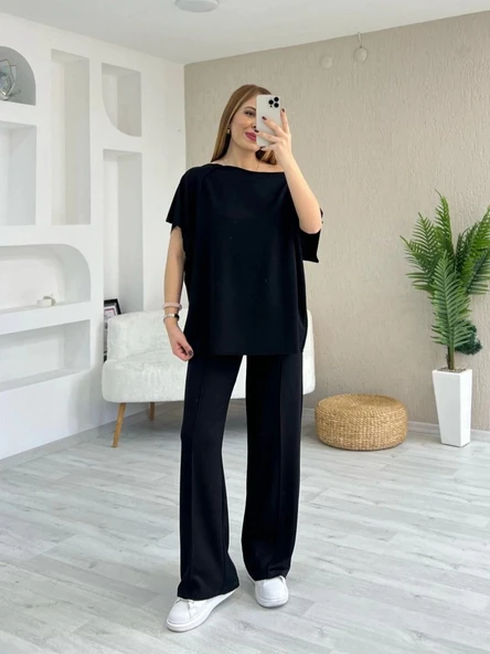 Kadın Kısa Kollu Kayık Yakalı Dikiş Izi Detaylı Viskon Iki Iplik Bluz Ve Pantolon Ikili Takım - Resim 3