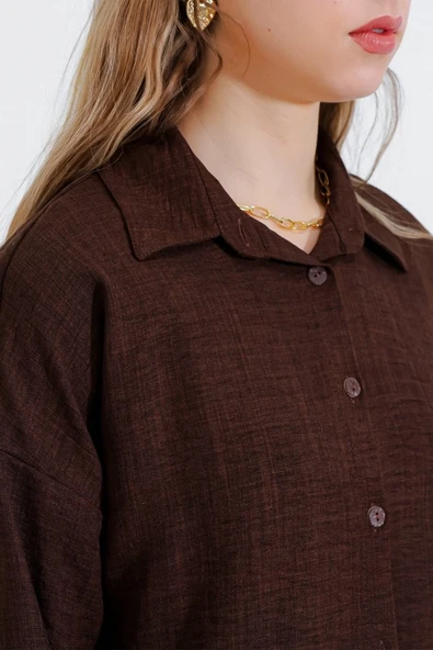 Kahverengi Oversize Keten Alt Üst Takım 6622 - 4