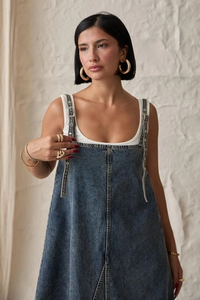 Mavi Askı Aparatlı Kot Elbise - Resim 3