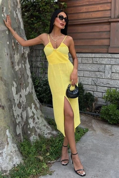 Göğsü Aksesuarlı Önü Yırtmaçlı Elbise 2899 - Resim 5