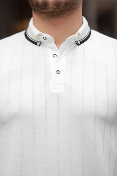 Erkek Düğme Yakalı Jakar Kumaş Kısa Kollu Tişört - Resim 3