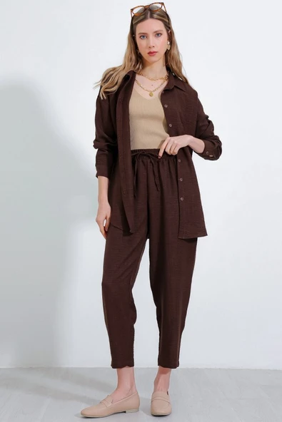 Kahverengi Oversize Keten Alt Üst Takım 6622 - 2