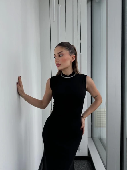 Kolsuz Yarım Bogazlı Uzun Elbise- Siyah ürün görseli