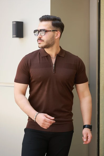 Erkek Göğüs Pirinç Desenli Fermuar Yakalı Kısa Kollu Tişört - Resim 2