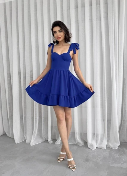 İP ASKILI BAĞLAMALI ATLAS ELBİSE - Resim 4