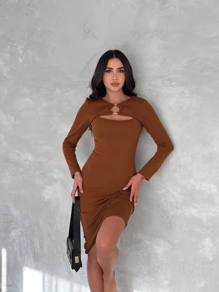 Kadın Uzun Kollu Halka Ve Pencere Dekolte Detay Fırsat ürün Midi Boy Elbise ürün görseli