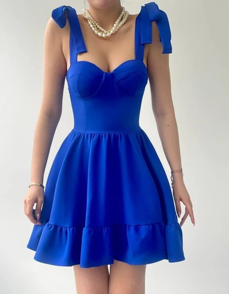 İP ASKILI BAĞLAMALI ATLAS ELBİSE - Resim 2